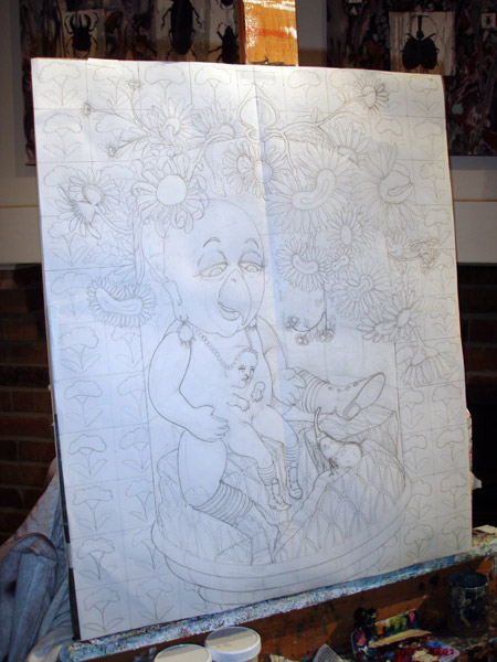Using the sketch to transfer to the canvas. This is a new technique for me.
