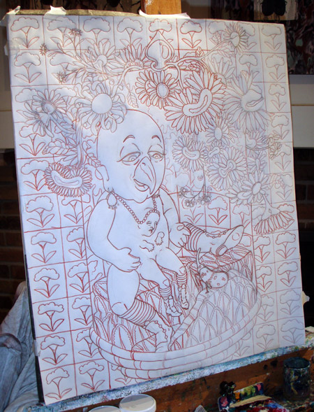 The drawing with the red trace lines. Between the drawing and the canvas is a sheet of transfer paper.