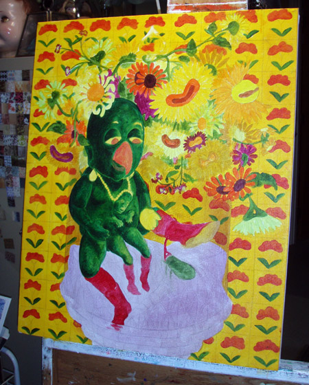 Blocking in the flowers and Buddha. My plan is to eventually cover the Buddha in gold, the green is just a base layer. Quick glaze on the rocks in the jar and the background.