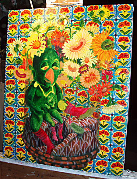 Adding color to the flowers. Yikes...too much sharpen filter.