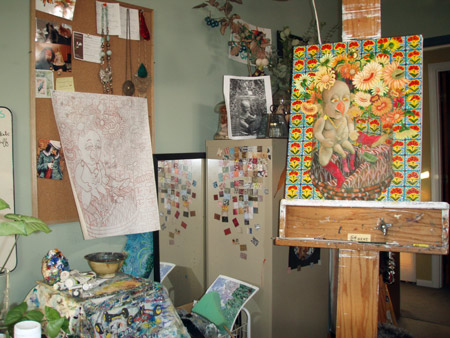 View of studio set-up. I have been using my original drawing for placement, and reference photo for values.