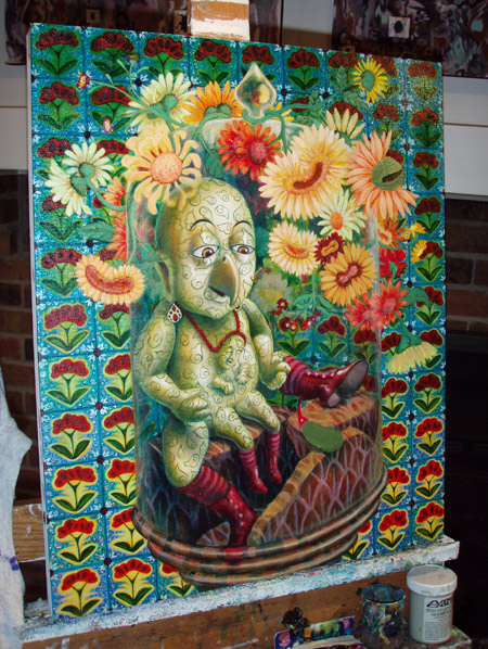 Adding details to background glaze to bring back some of the shapes in the tiles. Added wing pattern to main figure. Haven't decided how I will treat the pattern on the main figure yet. Maybe leave as line work, but add high lights to make it look like grooves in his skin? Still have a ways to go, but good progress so far.