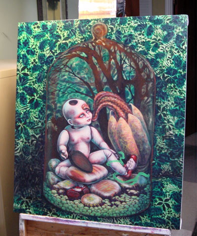 My original thought for this piece was inspired by the musical, Little Shop of Horrors, but in this version the plant is molesting the doll. Let me say at this point, that I love her shoes and they are the main reason it took me so long to fix this piece, because I didn’t want to loose those shoes! Silly! With the background, I wanted to layer another color with larger flowers and then play with the overlapping and negative space.