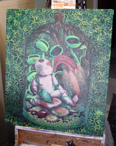 This is the point when all hell started breaking loose. I added the “peanut gallery” in the back, but I really don’t know why, perhaps to intensify the discomfort in the piece? Well, the main problem is that they can not logically fit in that terrarium. Apparently, I didn’t like the face or body, but I don’t remember why not. They definitely had the creepy factor.