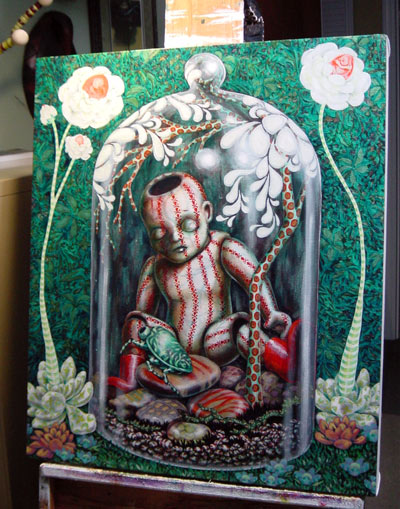 Those darn flowers. Now they had little pod people in them. It may be good to note that I was starting to freak out about the Indy show and whether I would finish this piece in time to show there. I think the added stress clouded my judgment on this piece. I am thrilled with the final piece, but I think I had something interesting in the beginning. That is when these progression images haunt me.