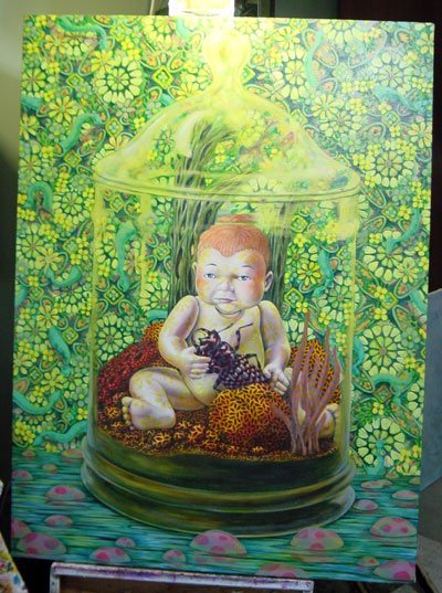 I have added another yellow glaze on the background. The colors had been getting a bit garish, and I wanted to unify them a little more. I also changed my mind on the table/stamp concept and went with a water garden instead.