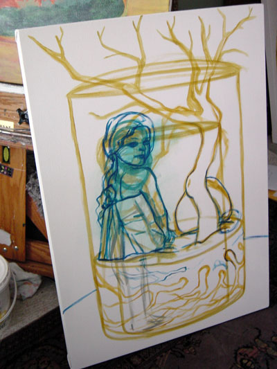 A quick sketch for placement. My original thought for this piece was to show a young girl that was perhaps too sheltered and protected and had almost outgrown her space. I wanted the tree to echo this idea with cramped roots and large branches.