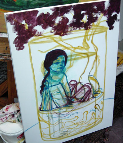 Originally, I thought she might be standing in the jar, buried to her waist in the dirt. Then I realized that that seemed kinda gloomy, plus there wasn’t enough space, so I brought her legs out. In general, there are two basic themes to the Terrariums pieces: human children in pleasant environments surrounded by negative environmental issues and doll children in unpleasant situations surrounded by beauty.