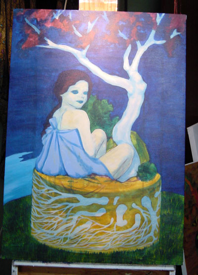 Blocking in some color. I tend to start with the darker medium hue colors and build the lighter and darker colors from there. I wanted this piece to be a completely different palette from the first piece, “Blind Faith”.