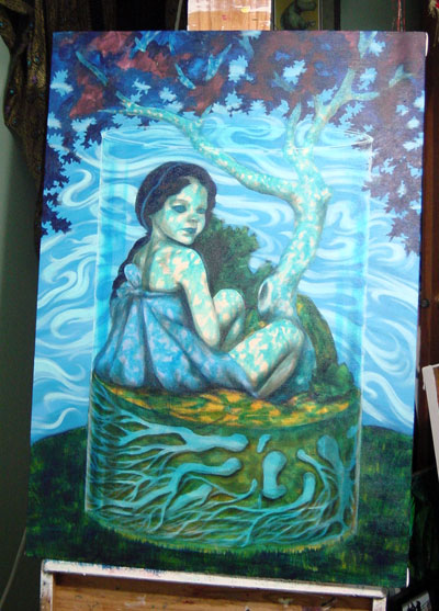 I liked the idea of playing with pattern in the form of cast shadows on her skin and the tree, but I wasn’t sure how to make this work. At this point it just feels blotchy.