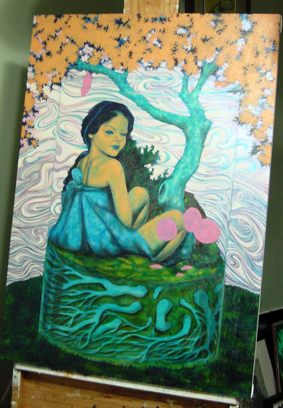 Layering up the leaves, still debating on the shape of the tree. The arched shape seemed to make sense, but... Changed my mind on the shadows on her skin, at least for now. It is easier to see the cocoon shape hanging from the tree. In the past, I have worked a lot with insect imagery and thought the cocoon might be a useful metaphor in this piece, but changed my mind. You will notice that only the doll terrariums have insects. I will talk more about that once I analyzed the next piece.