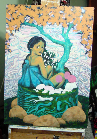 Candy canes and sugar drops started and I brought more personality to the figure. I also didn’t like the blah grass and thought a ring of rocks around the base would help convey the idea that she is trapped.