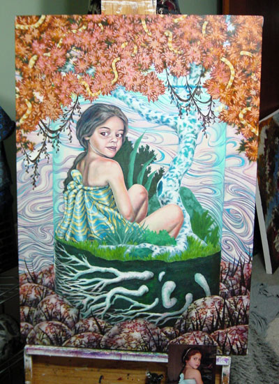 As you can see here, I like to use lots of layers when making skin. I start with darker colors and layer on lighter ones, leaving some of the darker exposed for shadows. The objects in the trees are becoming more snake-like, which I like, but the tree still isn’t quite right.