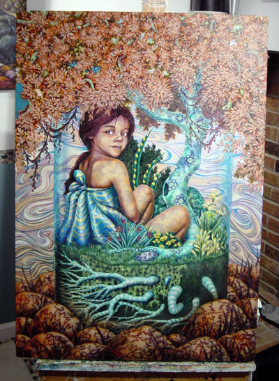More plants inside and I started to bring back the shadows on her skin. When this piece returns from the Indianapolis Art Center on April 20, 2008, I may add more plan life to the inside of the jar. At least more color. I also started stippling (using tiny dots) for the moss in the bottom of the jar.