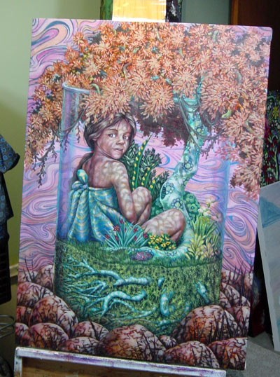 After the Bonsai surgery, I had to paint new swirls into the sky and unify it with the existing space. It is hard to tell with the digital image, but the sky has a glaze of Interference Blue paint that gives it a toxic glow. I love working with interference, metallic and now neon colors. I want to use them in a way that isn’t crafty or too psychedelic. In a recent critique, my style of painting was dubbed Psychedelic Art Nouveau, or as I have begun to called it, Nouveaudelia.