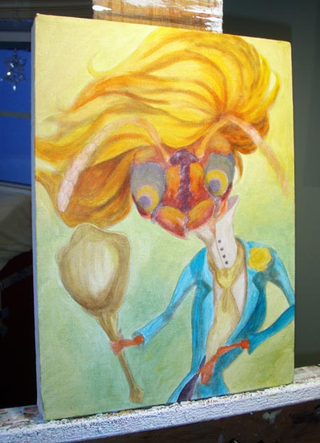 Lightly blocking in the color, then I applied loose glitter to the background and painted the negative space to cream to get the gold pebble effect. 