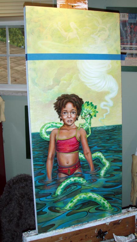 Frustrated, I contemplate cutting down the canvas. Then we went camping and I took the painting with me. The oil rig makes more sense and comes together quickly. 