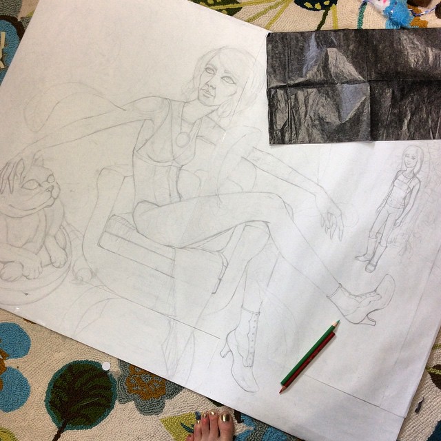 The sketch to scale, then I use carbon paper to transfer it to the panel.