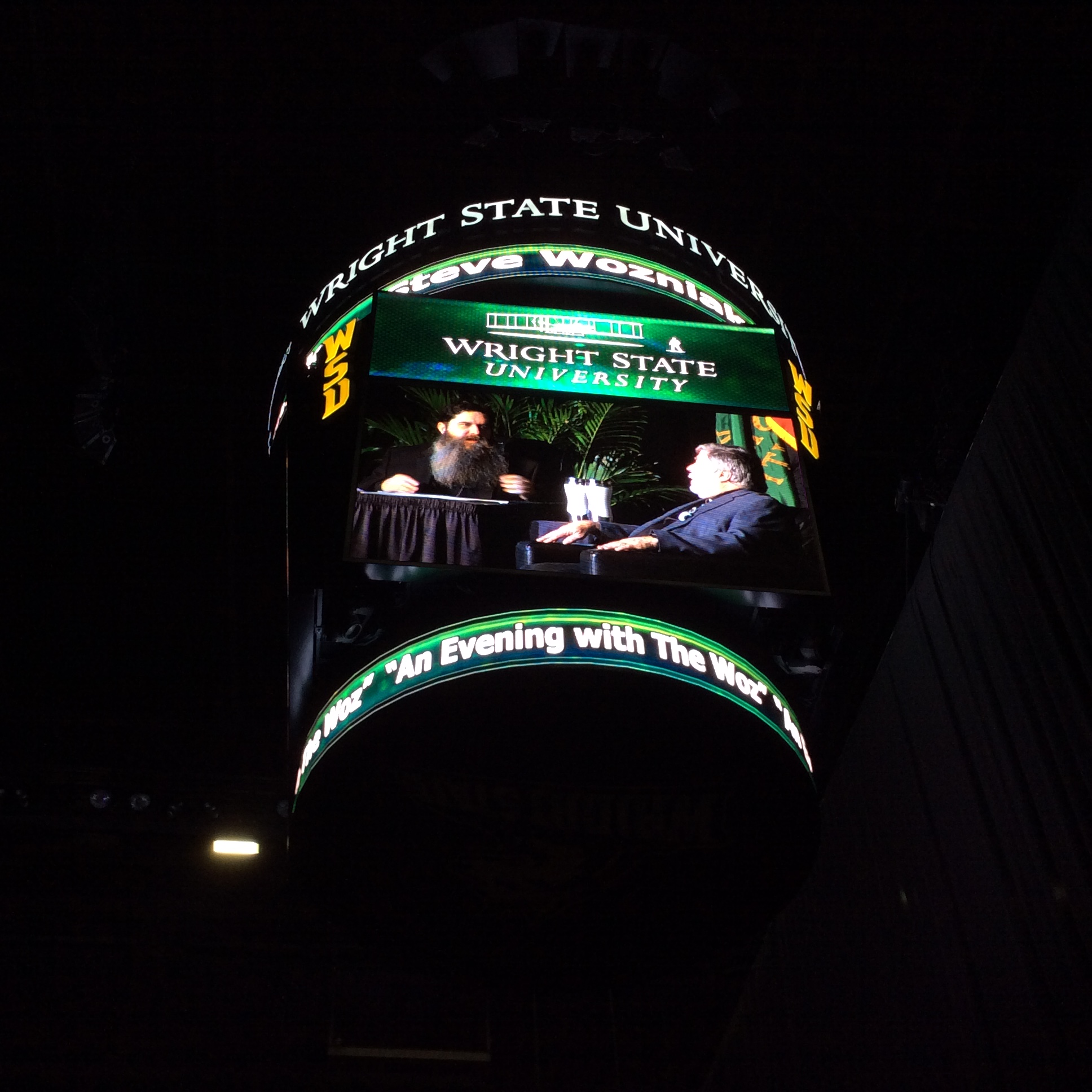 The impressive overhead display showing Mark (and his beard) presenting the next question for The Woz to answer. 