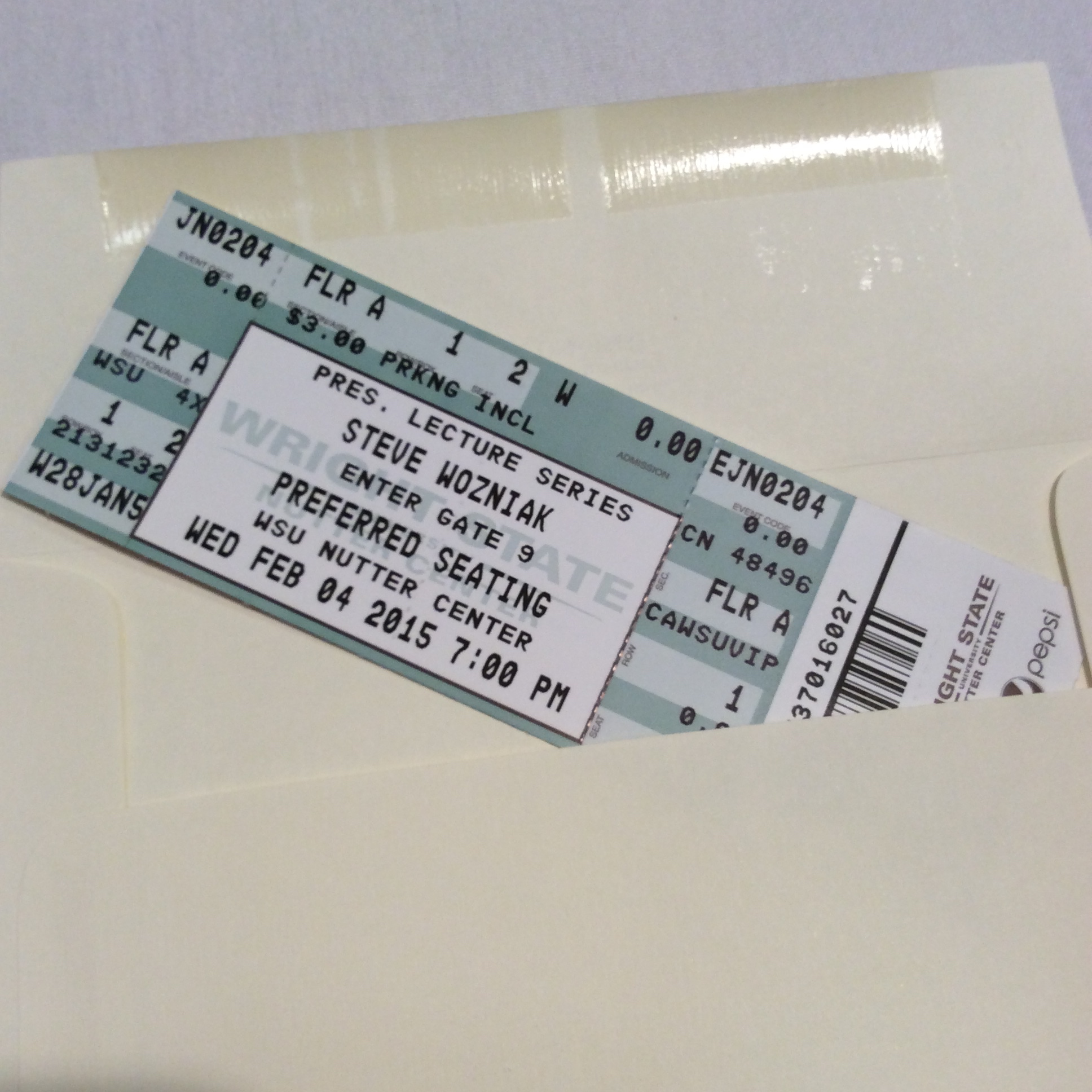 Thanks to Fran, I had front row seating for the event! This ticket will be framed with the laser-cut business card The Woz gave Mark. 