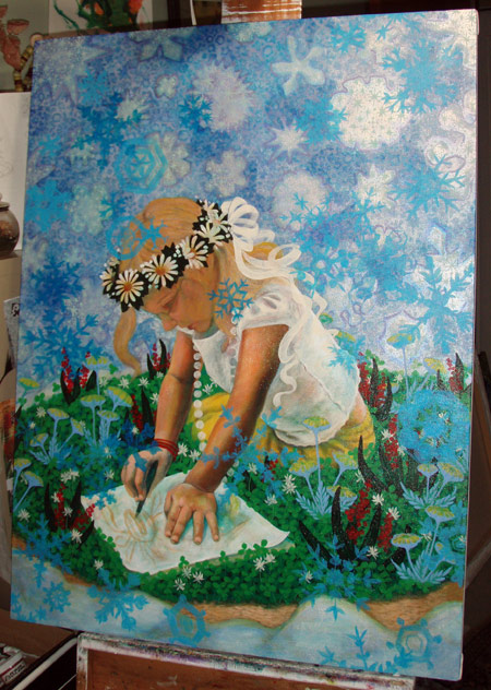 Building up the "lucky" clovers and the background.