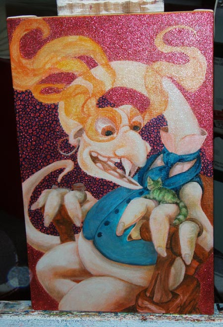 A layer of red glitter, then painting. 