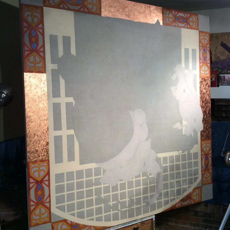 Just beginning to block in the elephants. The border elements still have a way to go, but I wanted to get more of the image blocked in so I could tell what areas need more work. 