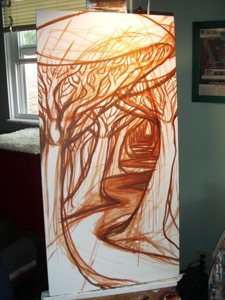 Sketch on canvas. For this commission piece, he wanted a trail that went forever. 
