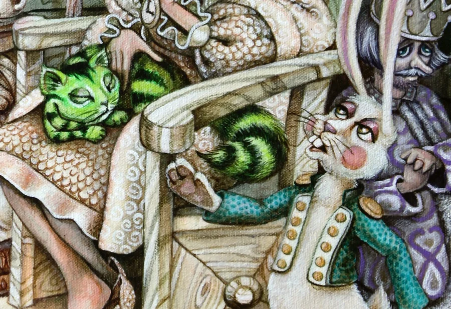 Detail of the white rabbit and king. 