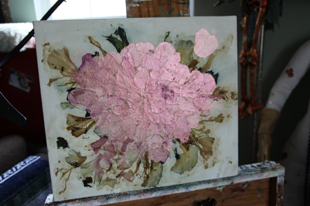Iris petals with red interference paint. 