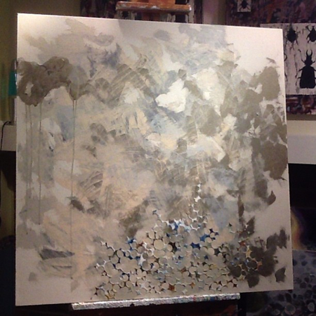 Creating a layer of marks. Silver stickers on the bottom. 