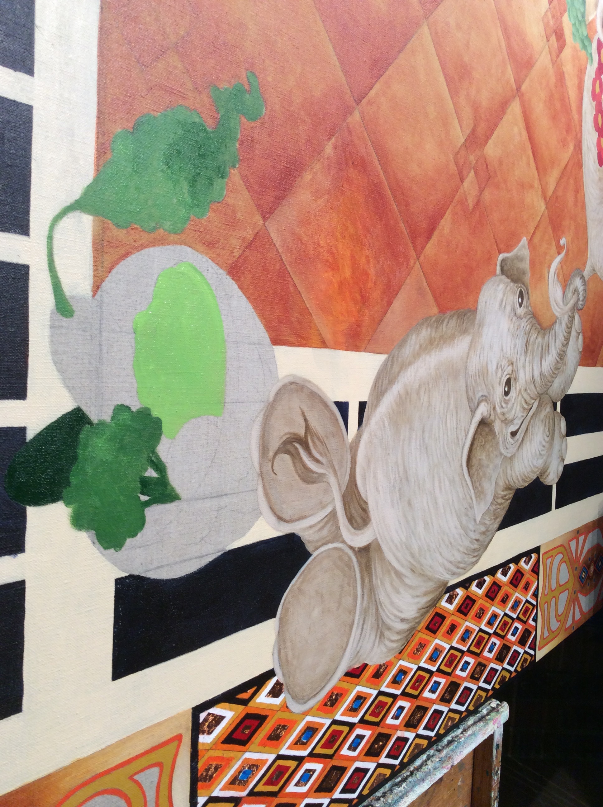 And sideways! Starting the veggie basket and continuing the little boy elephant. He also needs a bit of color. 