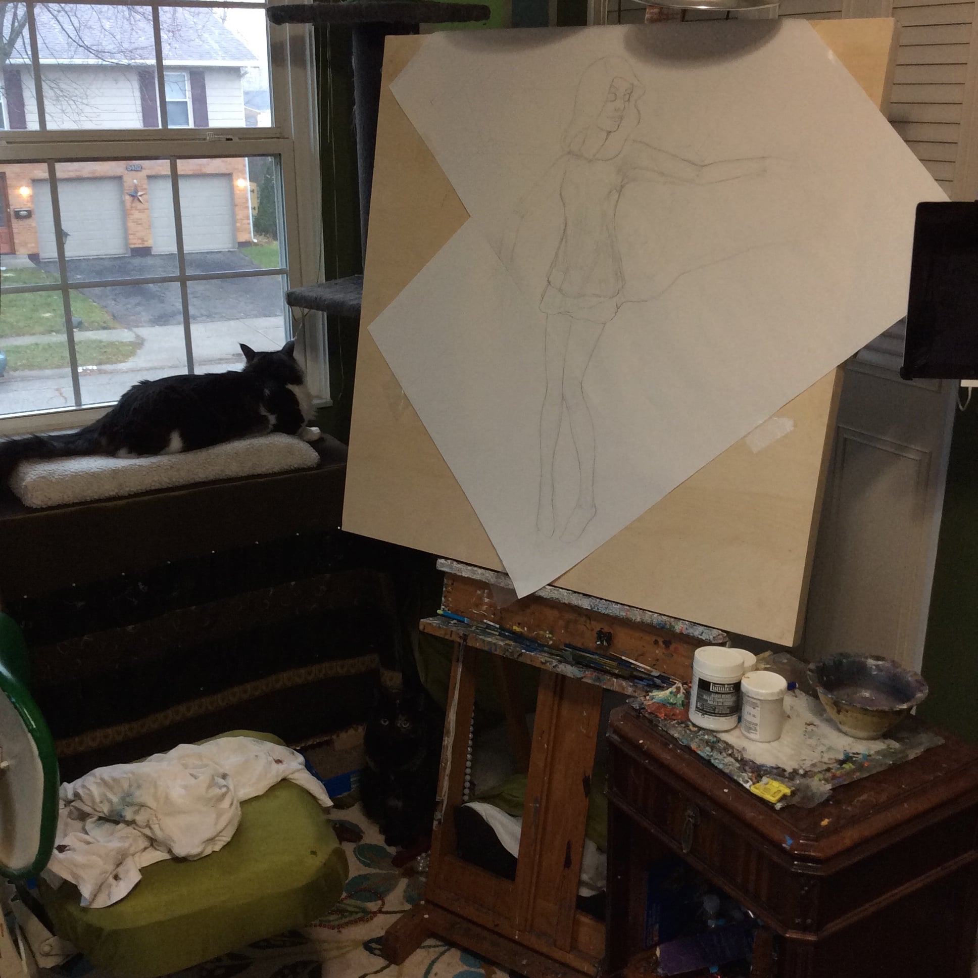 Working on figure scale and posture with the drawing taped to the panel for stability. 