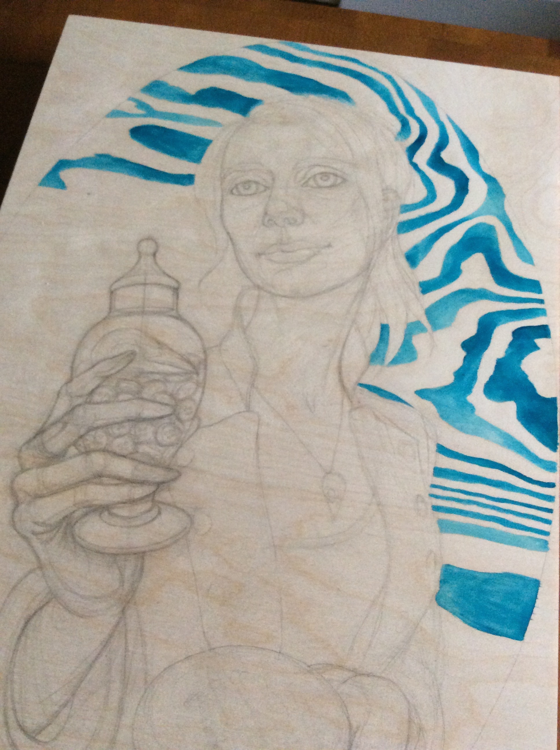 Started on bare wood, Thinned Phthalo Turquoise in the wood grain. 