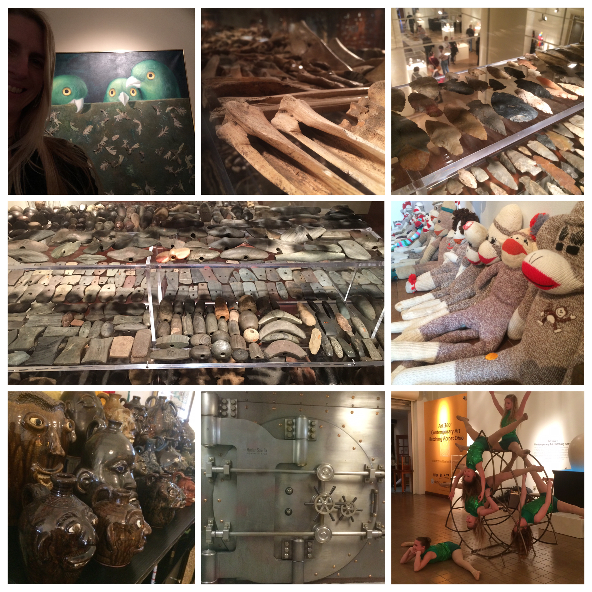 Clockwise from top left: Selfie with Clarence Carter painting : Bones from the Art of the Ancients : Arrowheads AotA : Sock Monkey collection at the Chepp/Gordon home : Cirque D'Art performers : Vault located in museum : More art at Chepp/Gordon home : More amazing AofA collection!