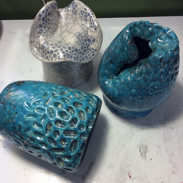 Back in the studio, Raku fired hard. LOVE the teal crackle glaze he used! 