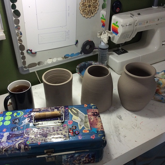 Here are some of the thrown vessels Bruce dropped off at the studio for me to mangle...err alter. 