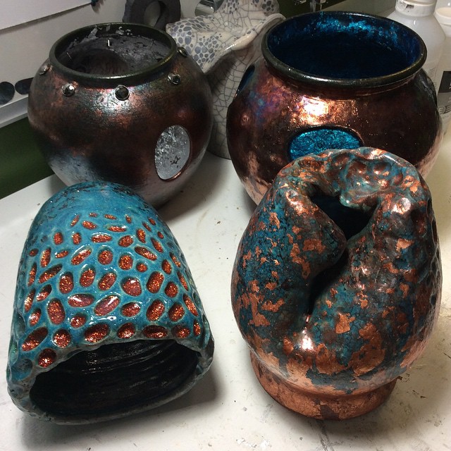 Some alterations with glitter fills and copper foils adornments. Also, some other Raku fired pieces we collaborated on. Such a great experience! 