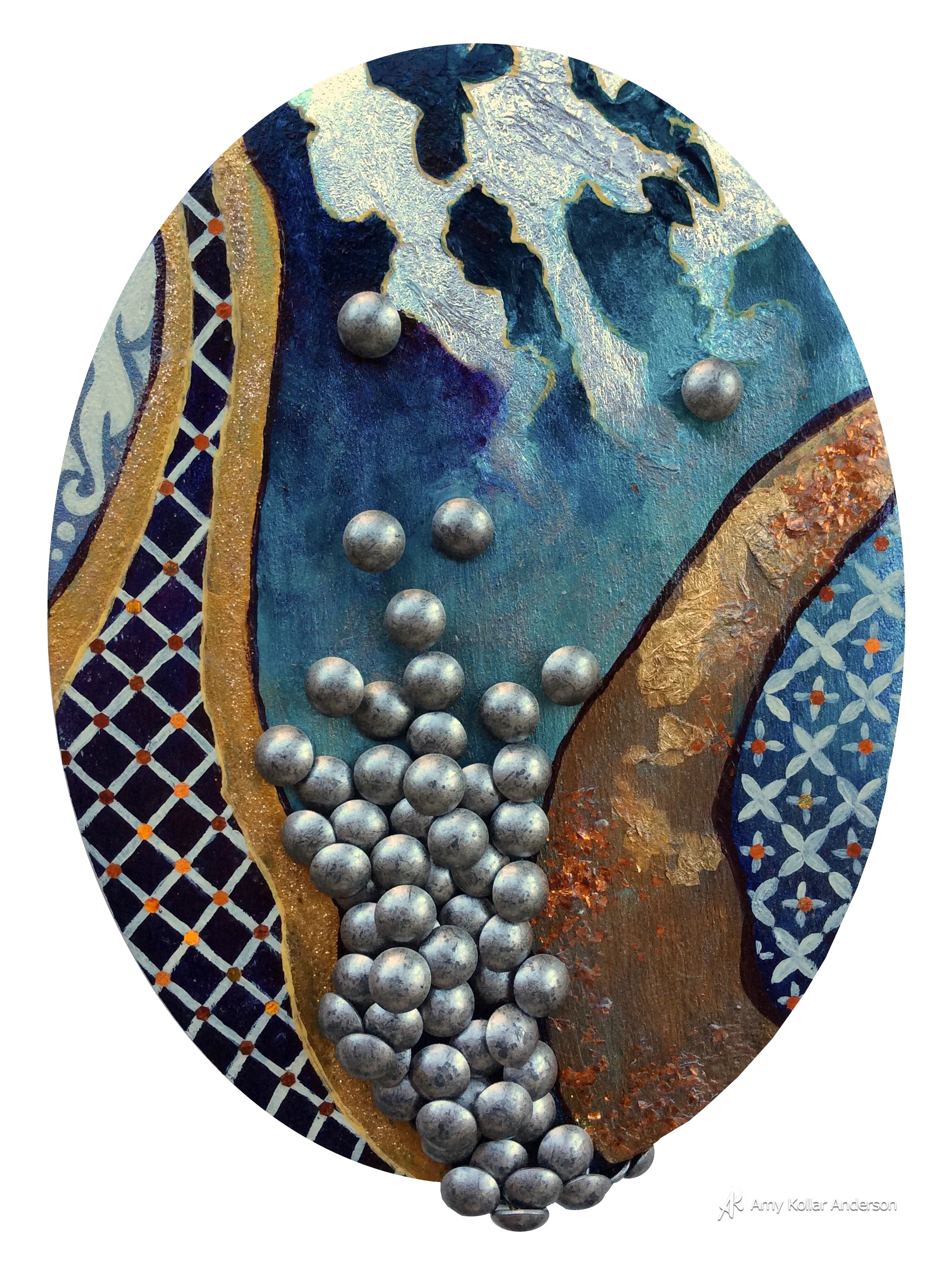 Erupt : acrylic paint, decorative nails, gold leaf, silver leaf and glitter : 6" x 8" x 1" : 2015 Collaboration with Savannah Marceau Collection of D. Deramo and L. Schultz