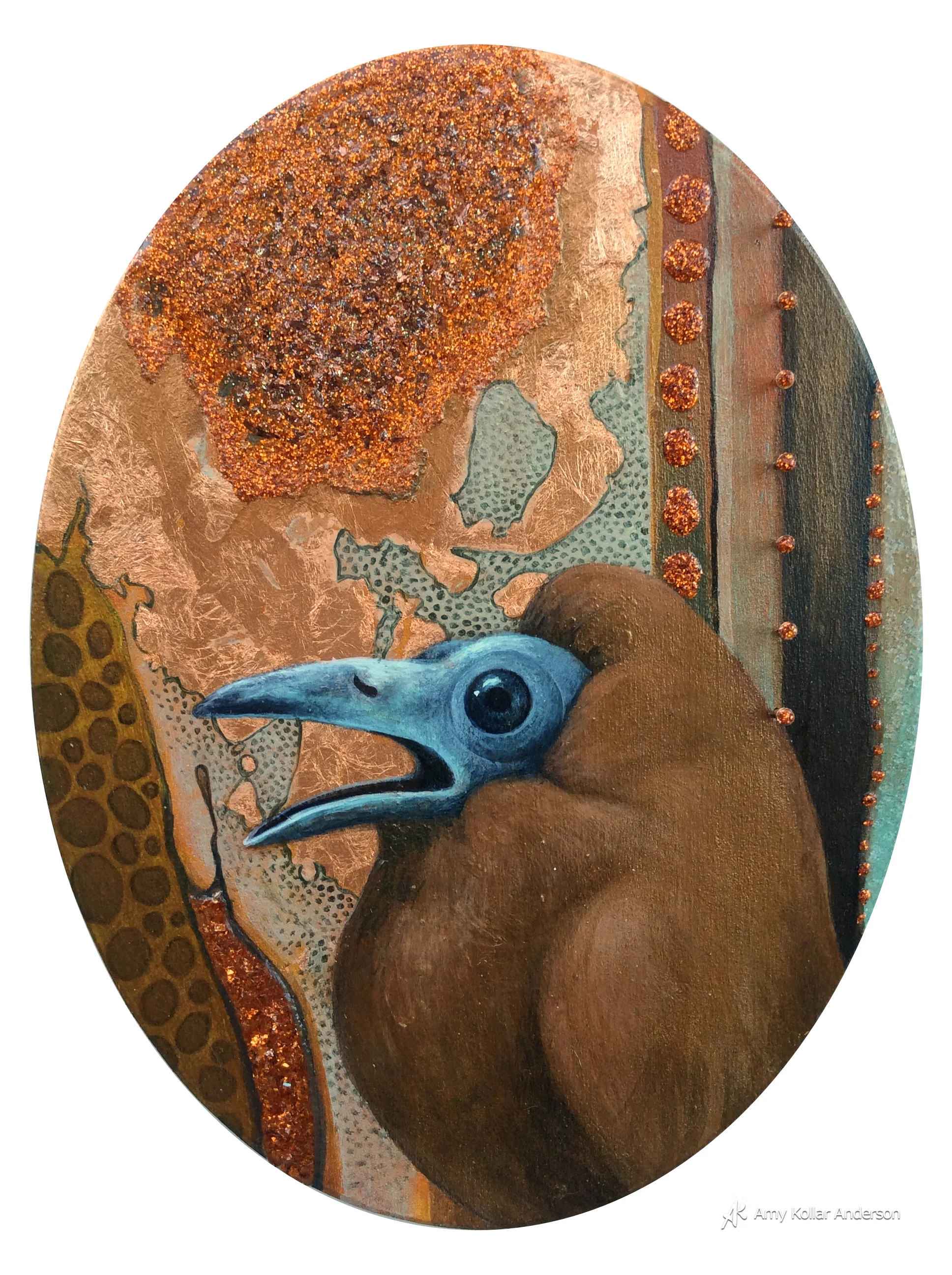 Tease : acrylic paint, copper leaf, glitter, decorative nails and pouring medium : 6" x 8" x 1" : 2015 Collection of S. and J. Schaefer Wittman