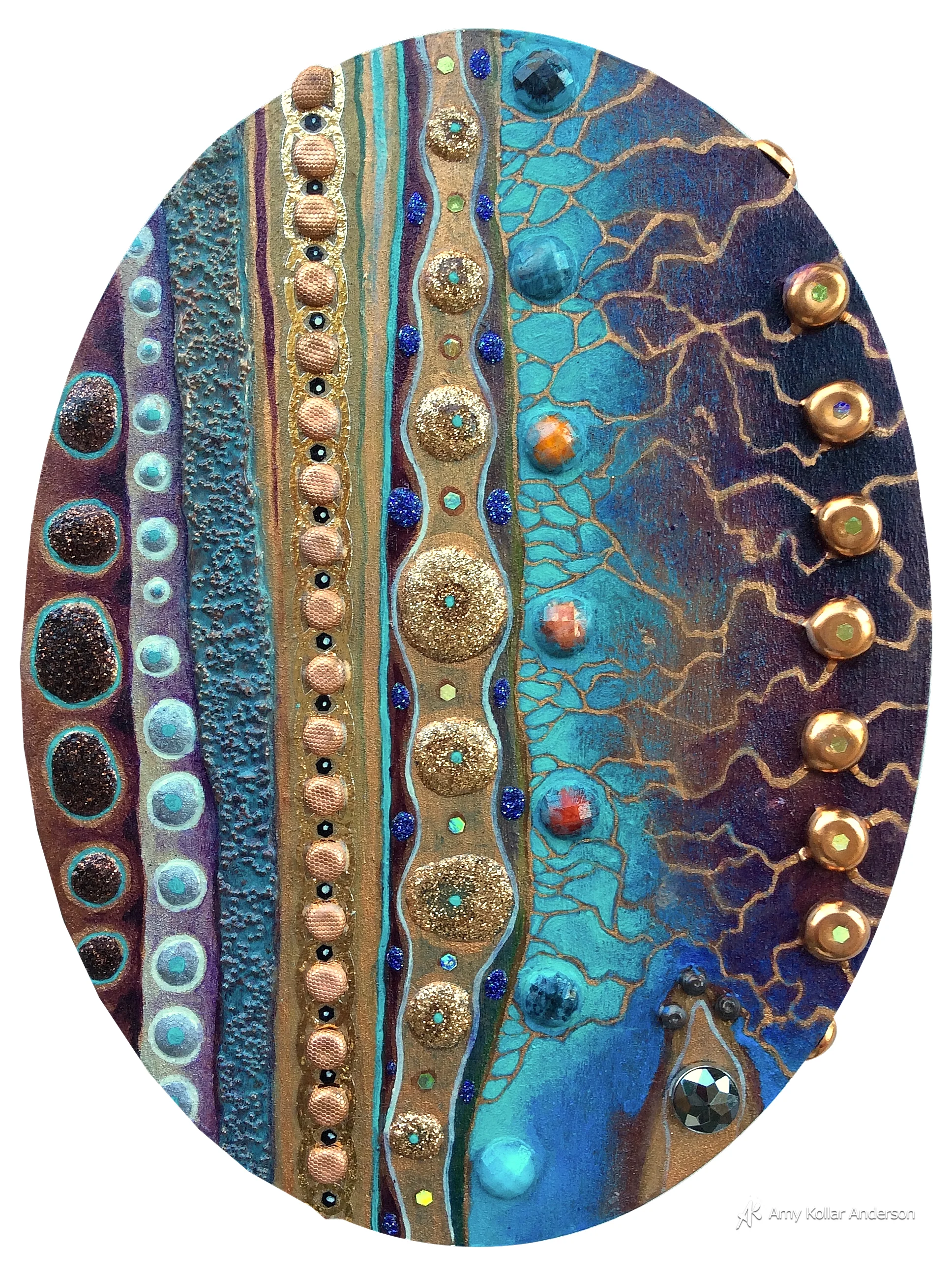 Vertical Desert : acrylic paint, temporary tattoo, decorative nails, glitter, glass beads and pouring medium : 6" x 8" x 1" : 2015 Collection go P. and P. Kollar