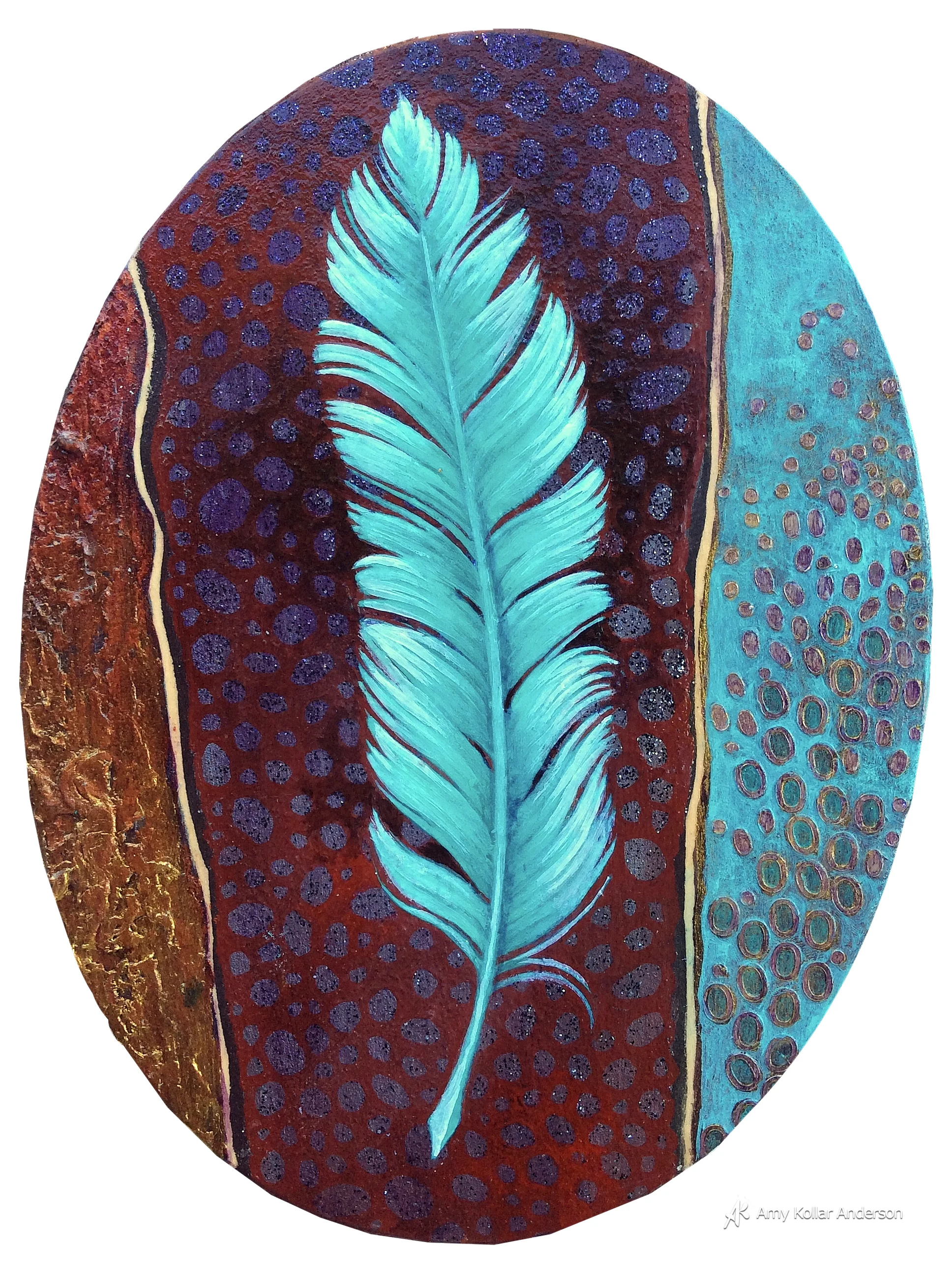 Plume : acrylic paint, silver stickers, glitter and lava paste : 6" x 8" x 1" : 2015 Available