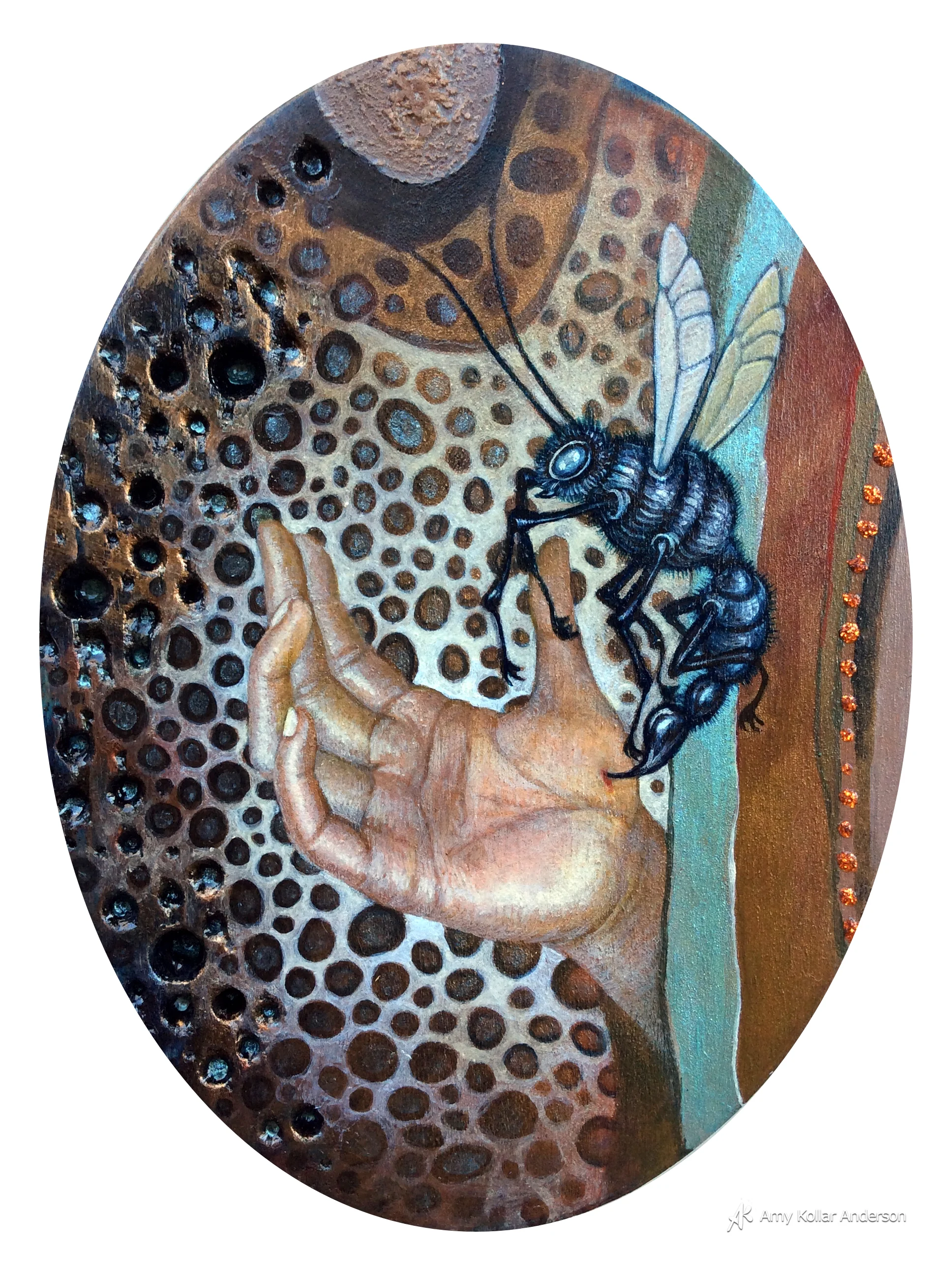 Stinger : acrylic paint, lava paste, glitter and pouring medium : 6" x 8" x 1" : 2015 Available