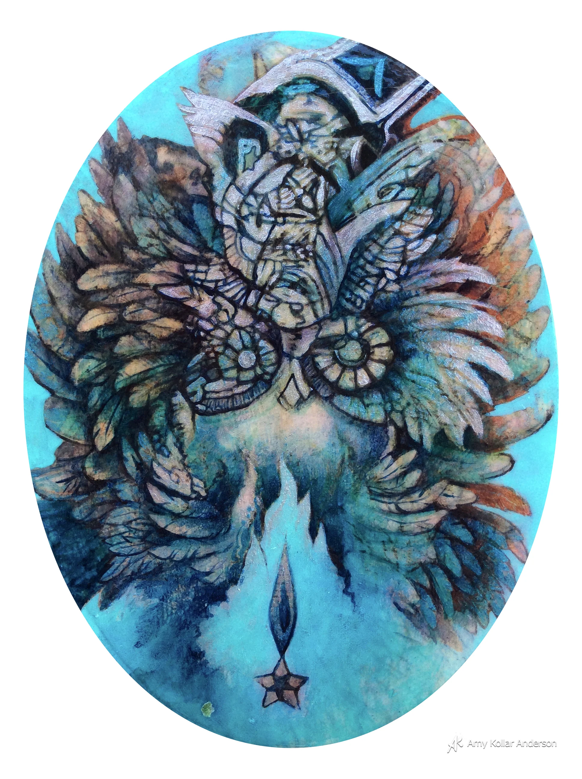 Hoot : acrylic paint, pouring medium and gel ink transfer : 6" x 8" x 1" : 2015 Collection of B. & M. Beverly
