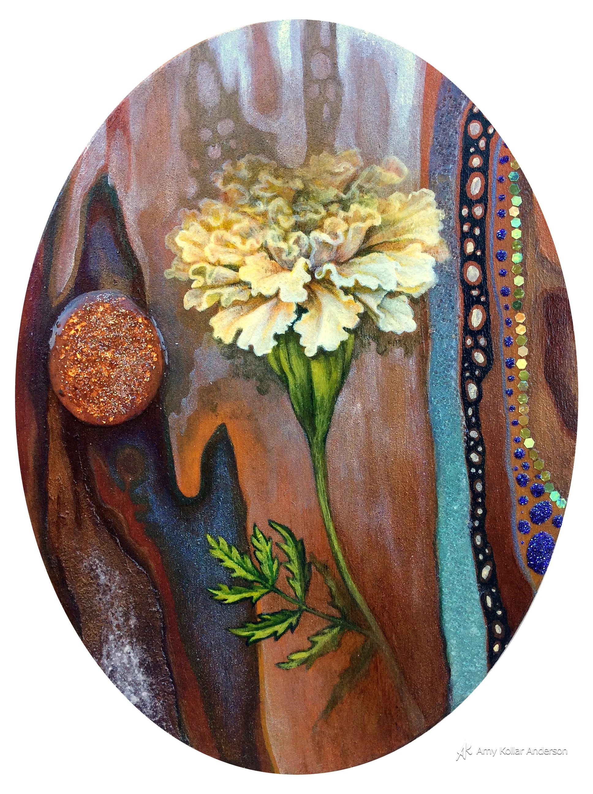 Merry : acrylic paint, glitter, pouring medium, lava paste and glass beads : 6" x 8" x 1" : 2015 Private Collection