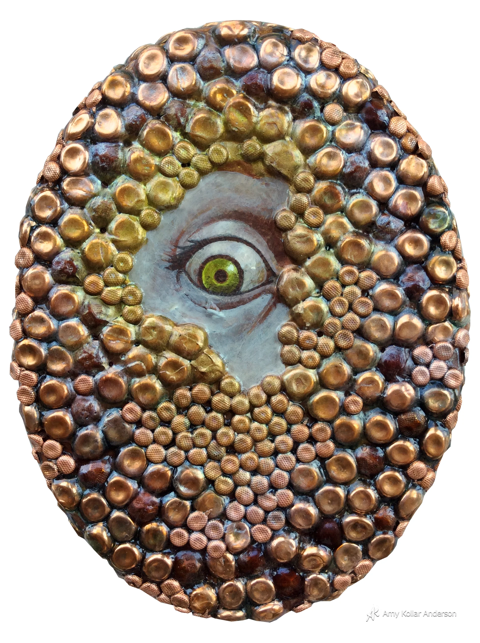 Peek-a-boo : acrylic paint, decorative nails and gel medium : 6" x 8" x 1" : 2015 Collaboration with Anna Mahoney Burba Available