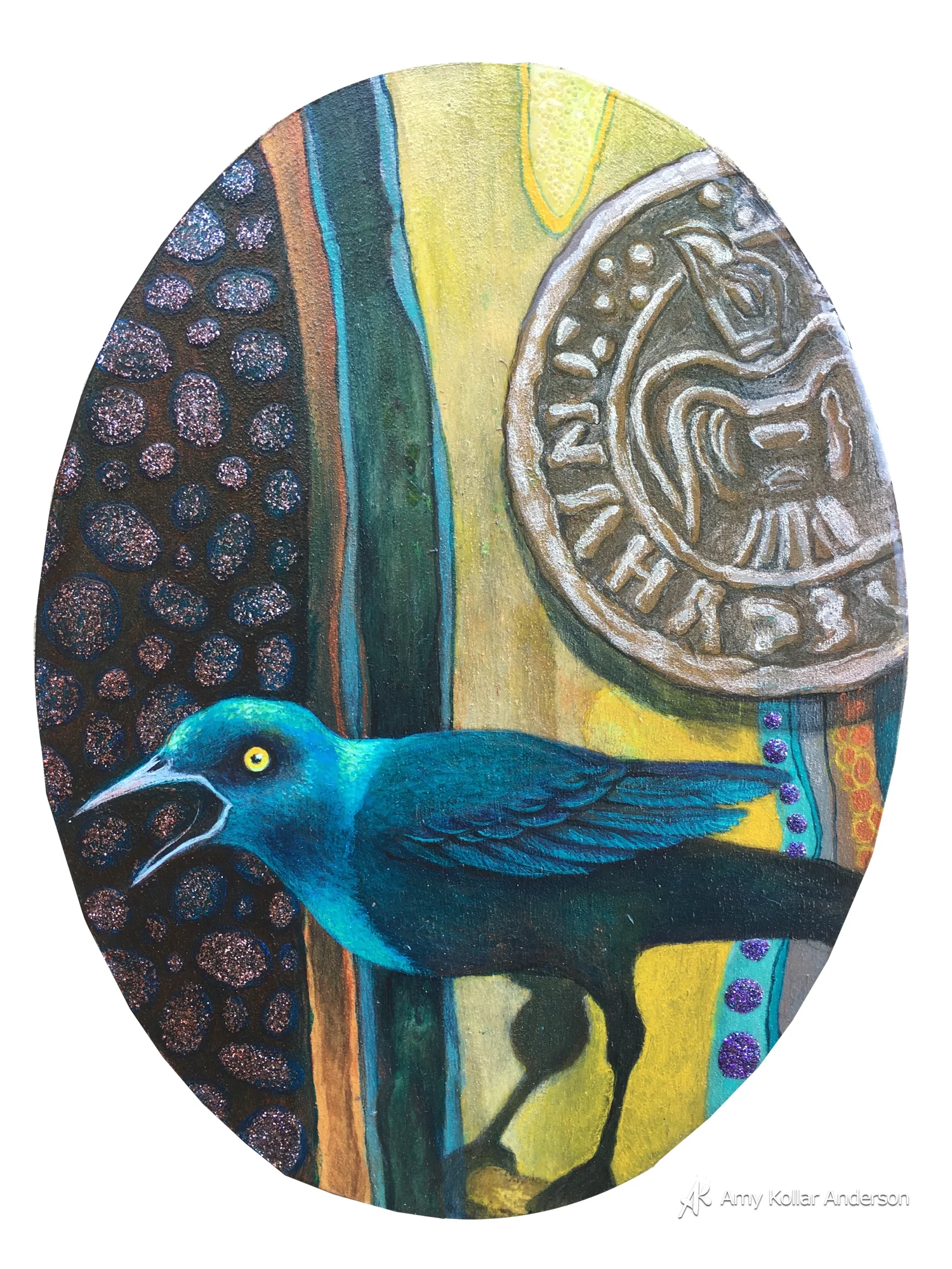 Limpy : acrylic paint, pouring medium, glitter and glass beads : 6" x 8" x 1" : 2015 Available