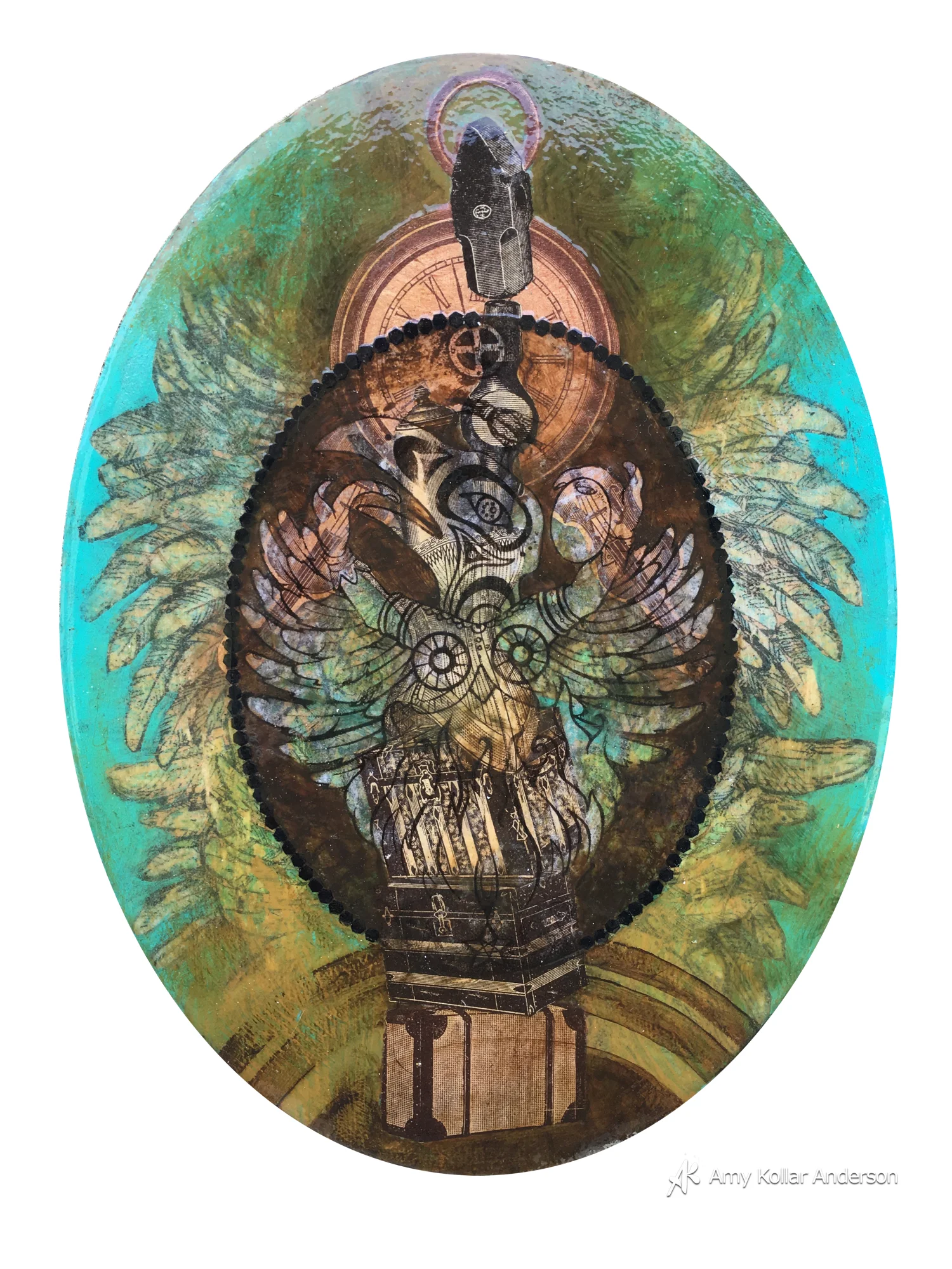 Explorer : acrylic paint, glitter, pouring medium, collage and gel ink transfer : 6" x 8" x 1" : 2016 Available
