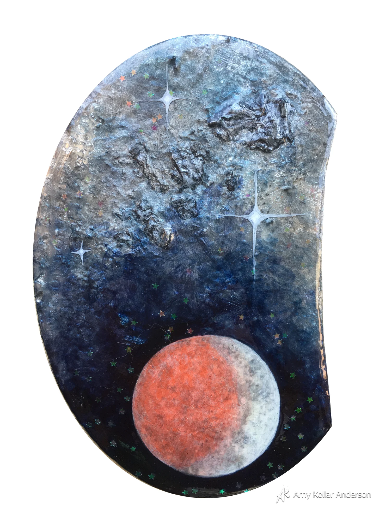 Blood Eclipse : acrylic paint, phosperescent paint, lava paste, glitter, and pouring medium : 6" x 8" x 1" : 2015 Available