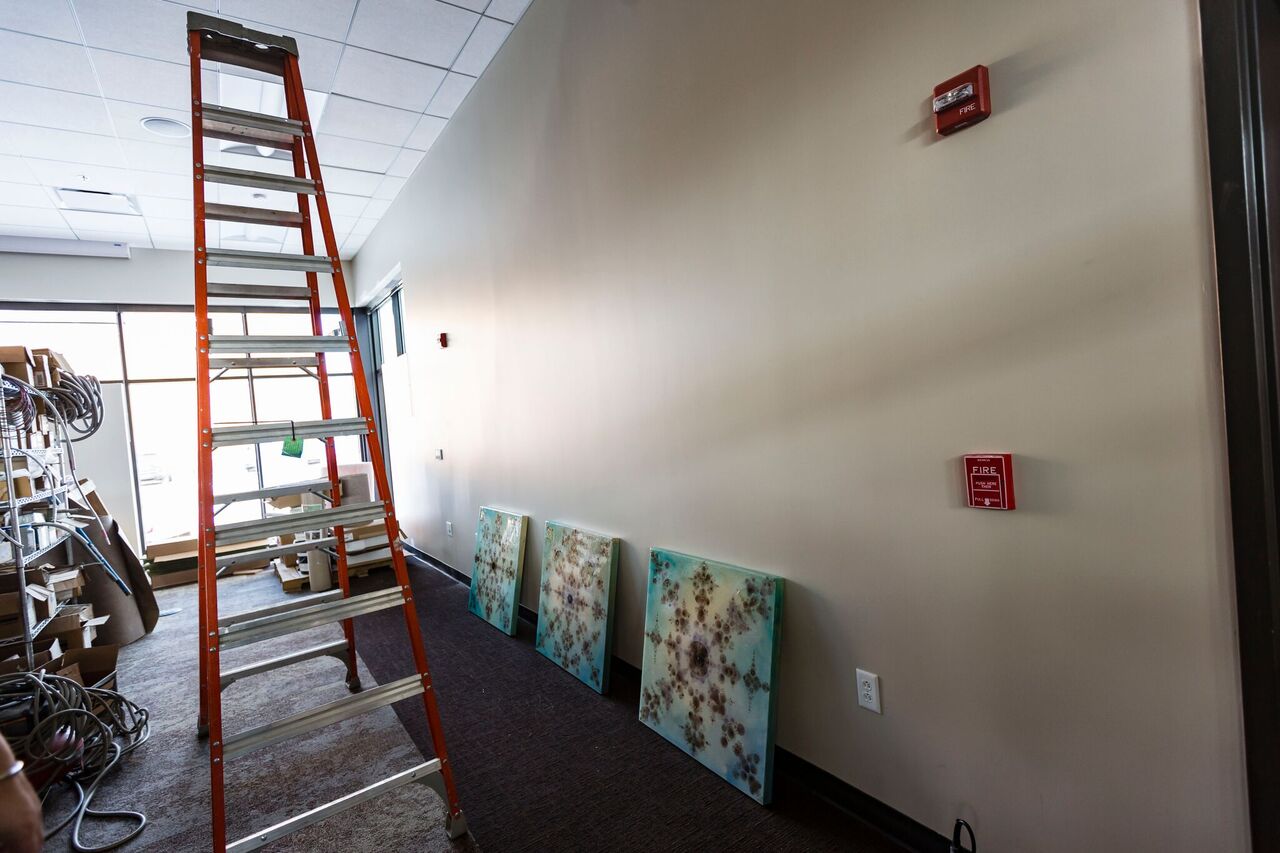 The community room was not the original location for these pieces, but the natural lighting and and size of the wall work great, so let's install! Photo by Andy Snow .